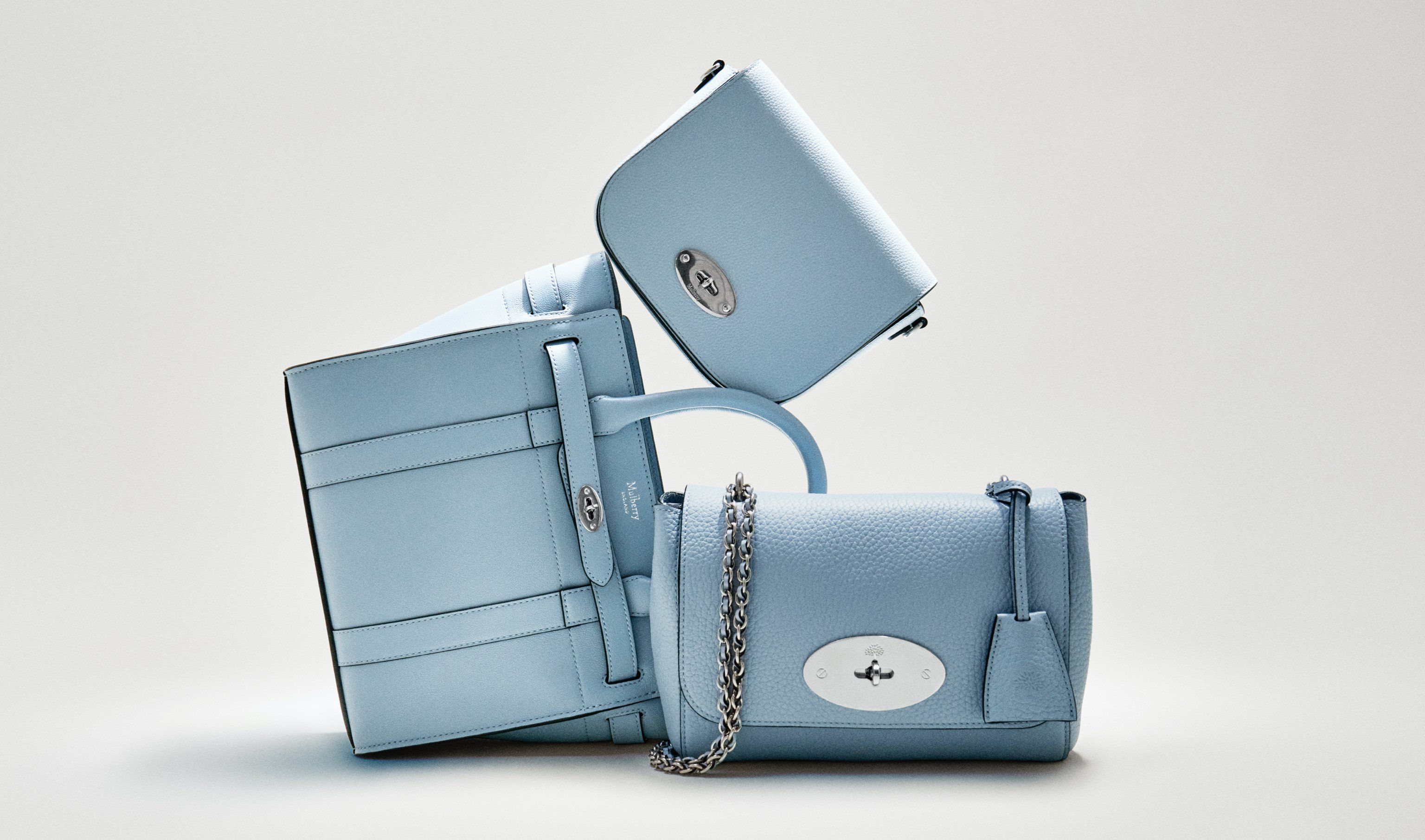 mulberry trio of mini zipped bayswater bag, small darley satchel bag and lily bag in poplin blue